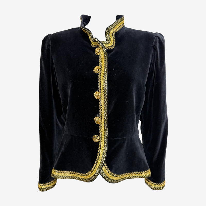 Yves Saint Laurent F/W 1990 Black Velvet Military-Inspired Jacket With Gold Passementerie Trim