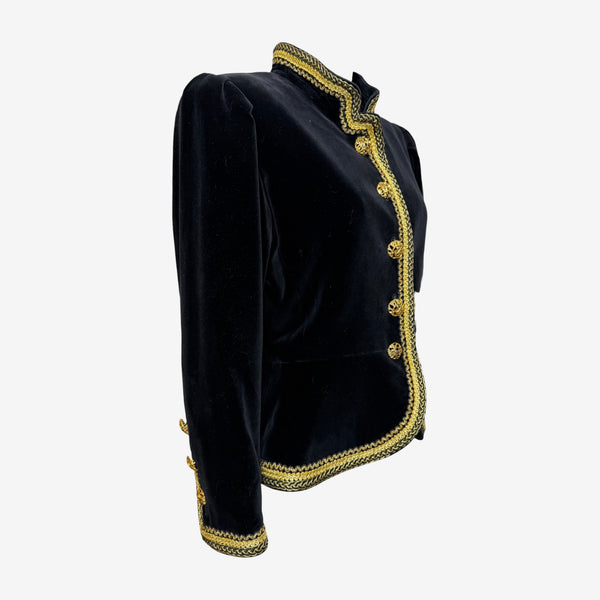 Yves Saint Laurent F/W 1990 Black Velvet Military-Inspired Jacket With Gold Passementerie Trim