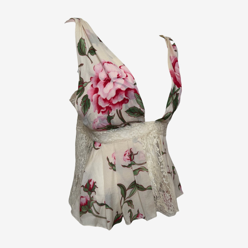 Valentino S/S 2006 Ivory Floral-Print Lace-Panelled Camisole Top