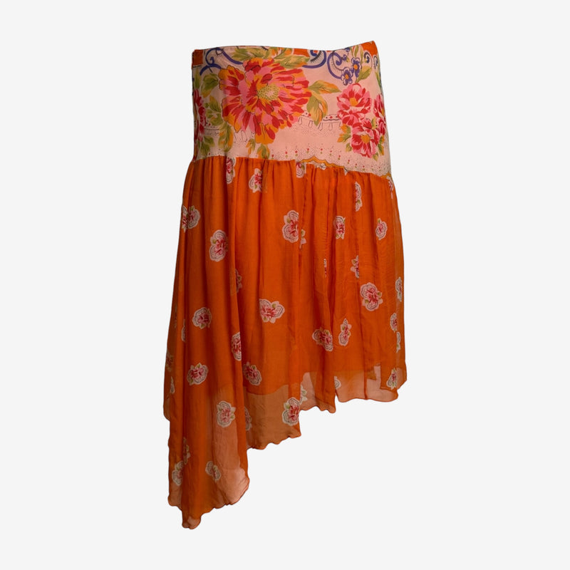 Blumarine S/S 2005 Orange Floral-Print Asymmetric Silk Chiffon Skirt