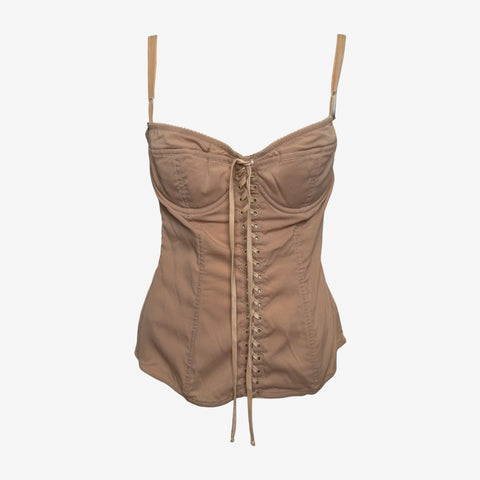 Dolce & Gabbana S/S 2003 Nude Silk Lace-Up Boned Corset Top