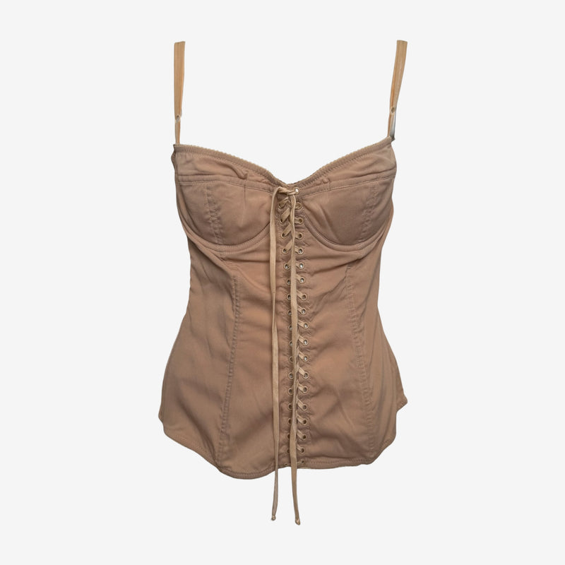 Dolce & Gabbana S/S 2003 Nude Silk Lace-Up Boned Corset Top