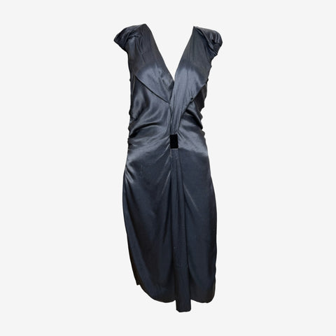 Prada F/W 2009 Slate Grey Satin Ruched Deep-V Midi Dress