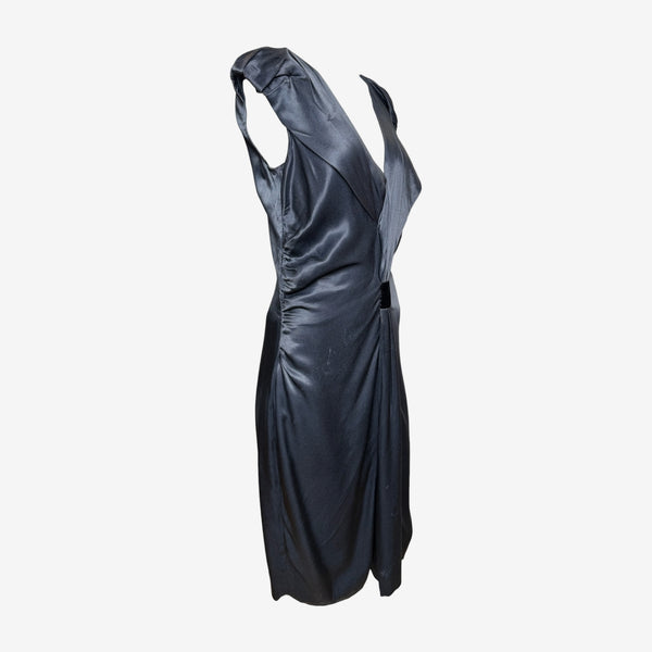 Prada F/W 2009 Slate Grey Satin Ruched Deep-V Midi Dress