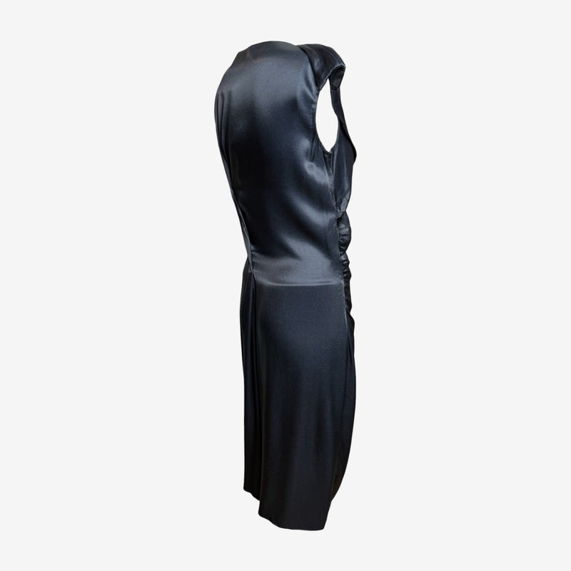 Prada F/W 2009 Slate Grey Satin Ruched Deep-V Midi Dress