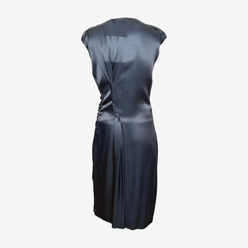 Prada F/W 2009 Slate Grey Satin Ruched Deep-V Midi Dress