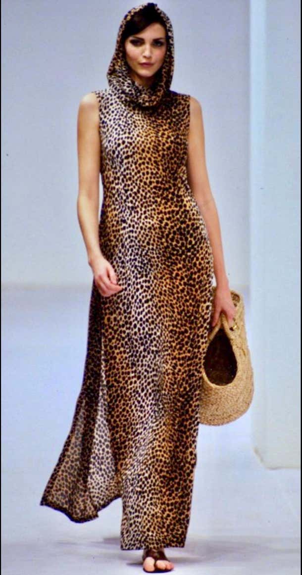 Dolce & Gabbana leopard print maxi dress, hood draped at neckline, front view