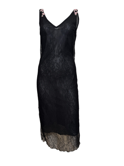 Blumarine S/S 2000 Black Lace Rose-Embellished Midi Dress