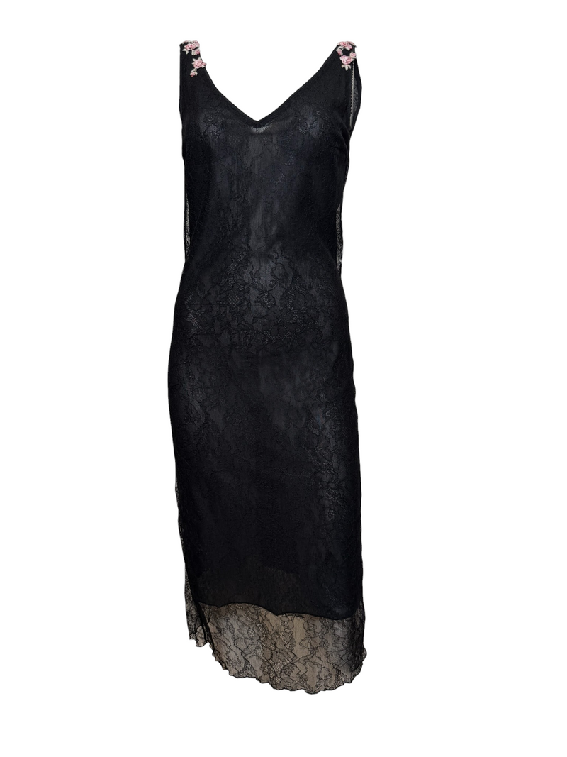 Blumarine S/S 2000 Black Lace Rose-Embellished Midi Dress