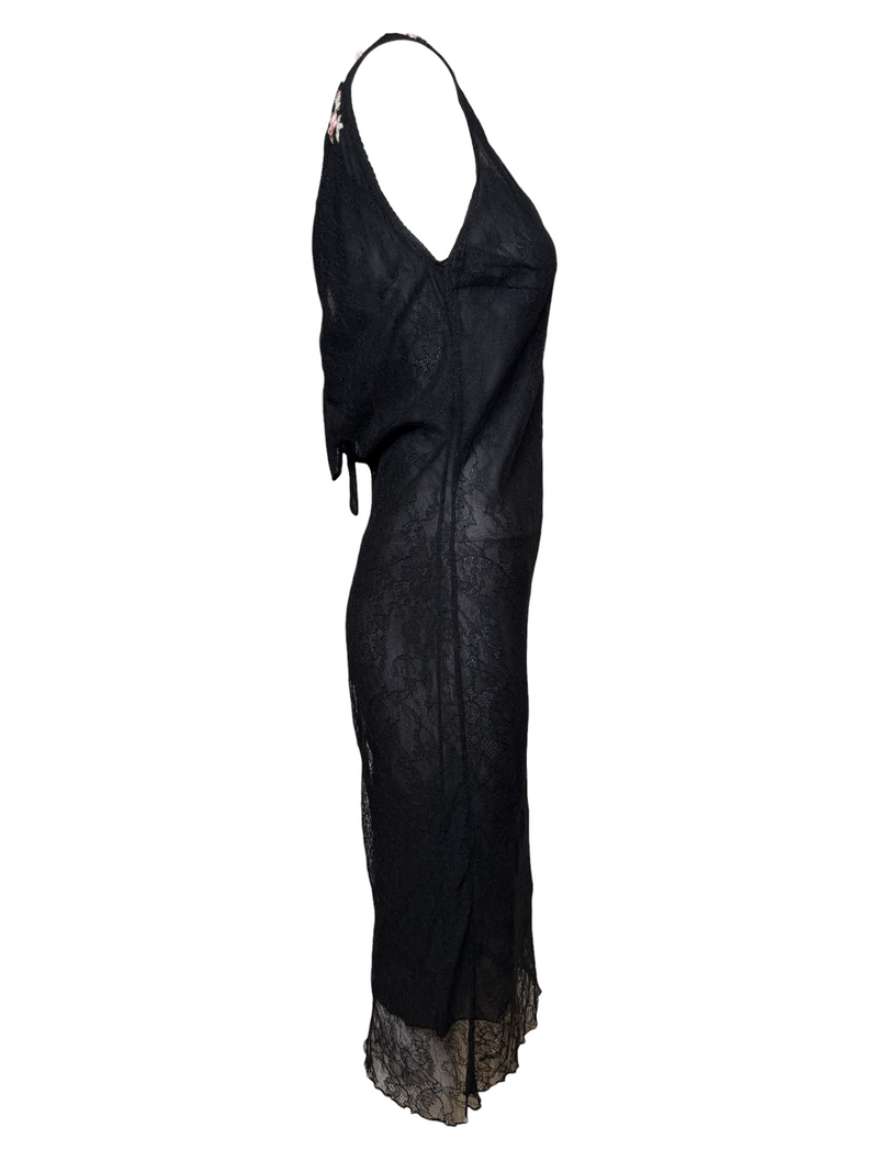 Blumarine S/S 2000 Black Lace Rose-Embellished Midi Dress