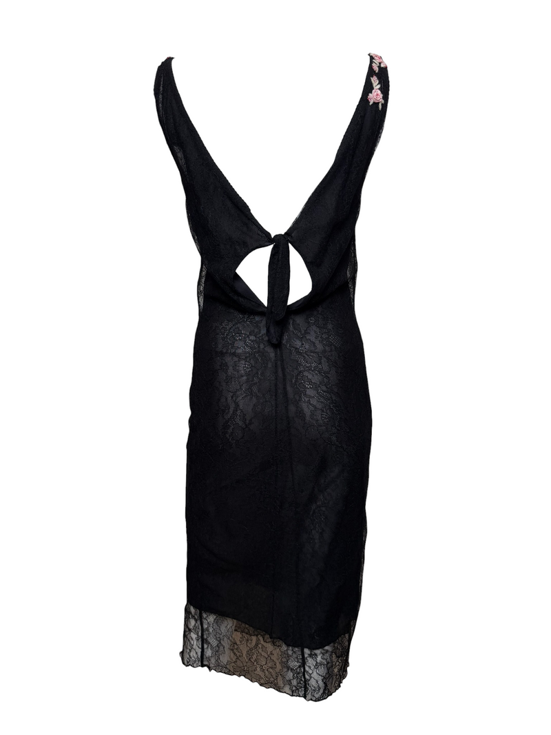 Blumarine S/S 2000 Black Lace Rose-Embellished Midi Dress