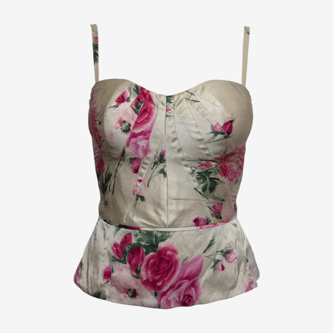 Dolce & Gabbana S/S 2006 Ivory Rose-Print Bustier Peplum Corset Top