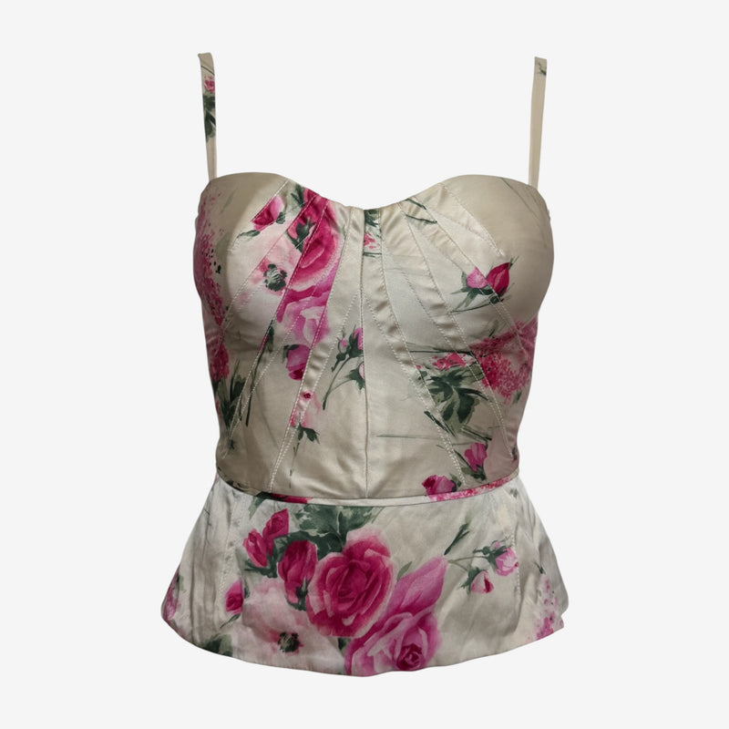 Dolce & Gabbana S/S 2006 Ivory Rose-Print Bustier Peplum Corset Top