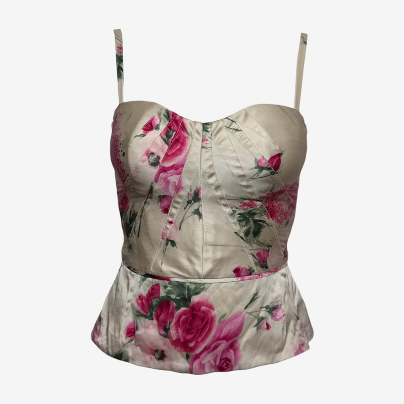 Dolce & Gabbana S/S 2006 Ivory Rose-Print Bustier Peplum Corset Top