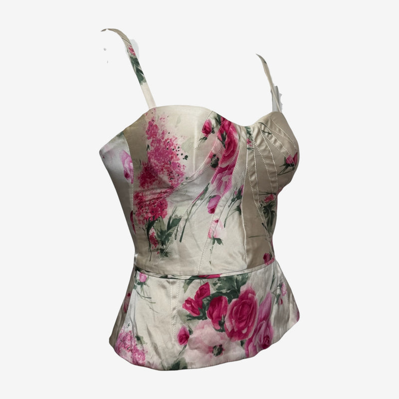 Dolce & Gabbana S/S 2006 Ivory Rose-Print Bustier Peplum Corset Top