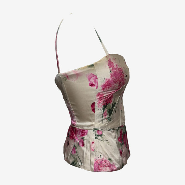 Dolce & Gabbana S/S 2006 Ivory Rose-Print Bustier Peplum Corset Top