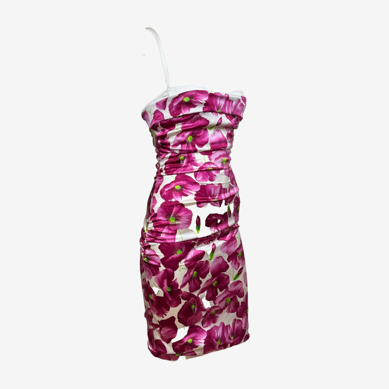 Dolce & Gabbana S/S 2008 White And Magenta Poppy-Print Ruched Silk Mini Dress