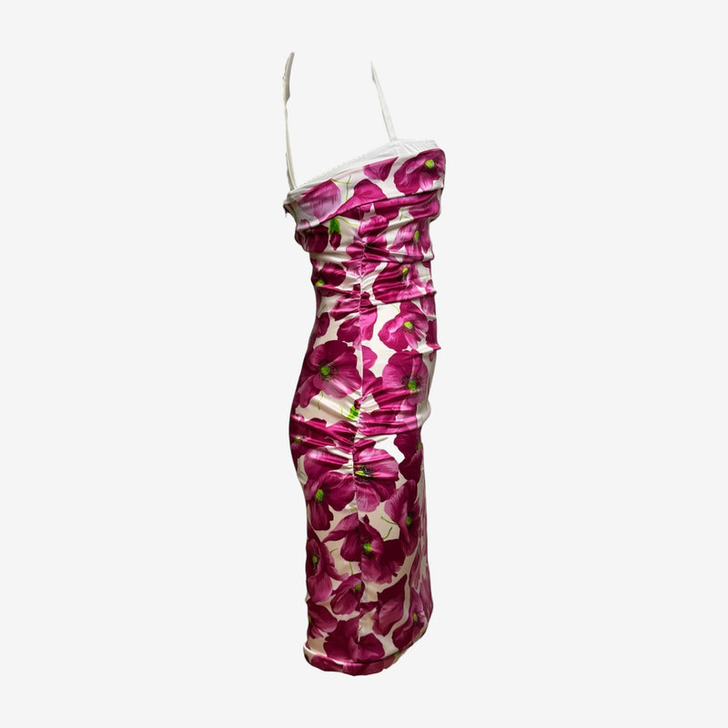 Dolce & Gabbana S/S 2008 White And Magenta Poppy-Print Ruched Silk Mini Dress