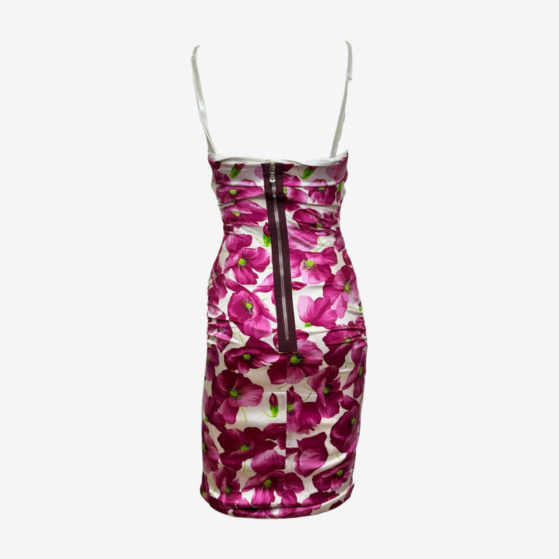Dolce & Gabbana S/S 2008 White And Magenta Poppy-Print Ruched Silk Mini Dress