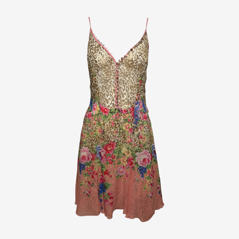 Blumarine S/S 2005 Pink Leopard And Floral Print Silk Slip Dress