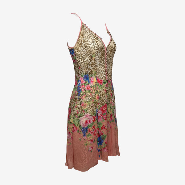 Blumarine S/S 2005 Pink Leopard And Floral Print Silk Slip Dress