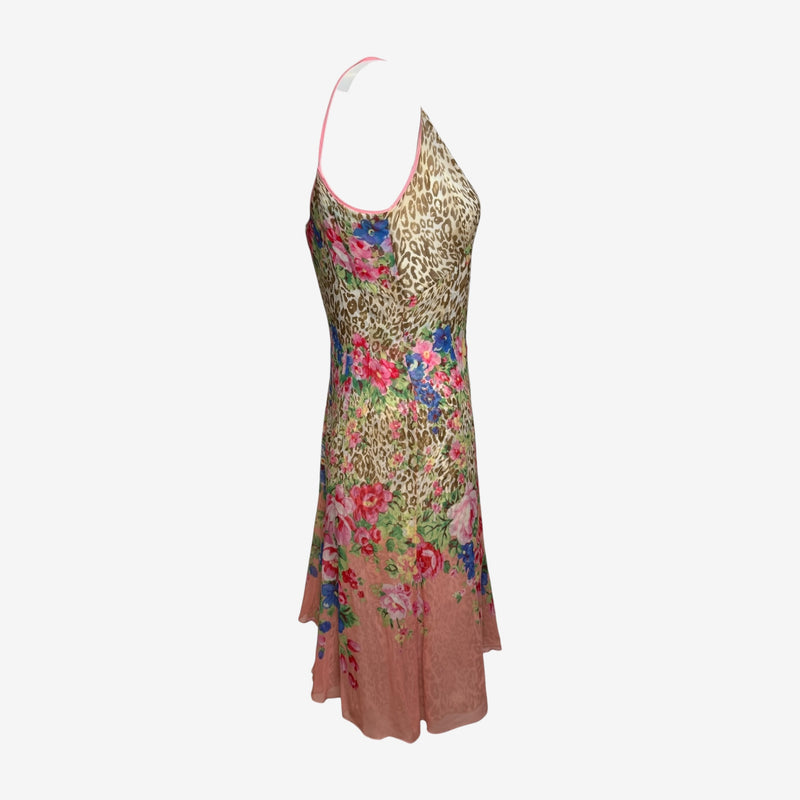 Blumarine S/S 2005 Pink Leopard And Floral Print Silk Slip Dress