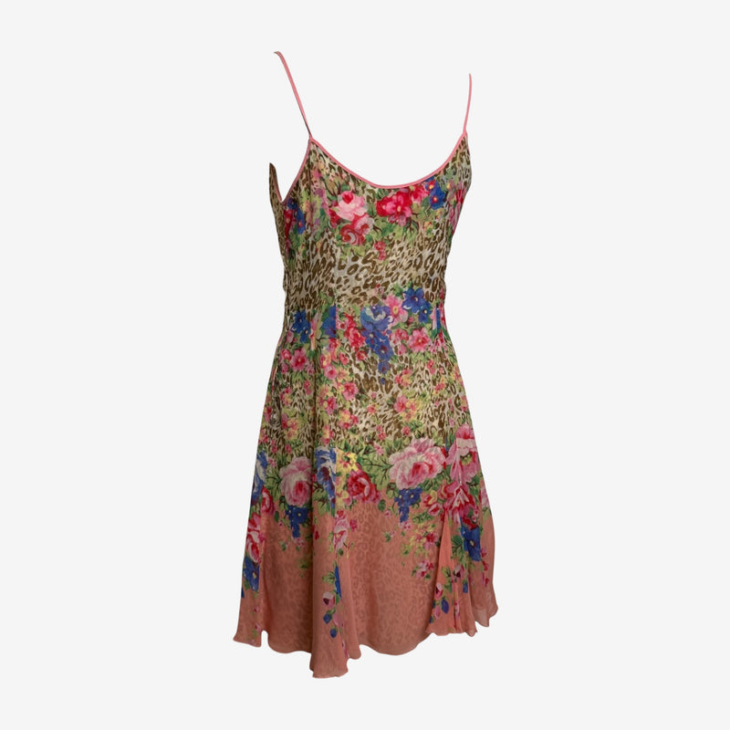 Blumarine S/S 2005 Pink Leopard And Floral Print Silk Slip Dress