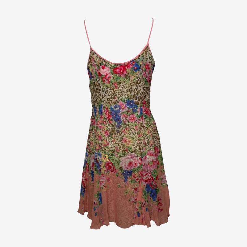 Blumarine S/S 2005 Pink Leopard And Floral Print Silk Slip Dress