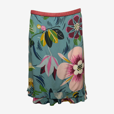 Gucci by Tom Ford S/S 1999 Teal Botanical-Print Double-Frill Hem Skirt