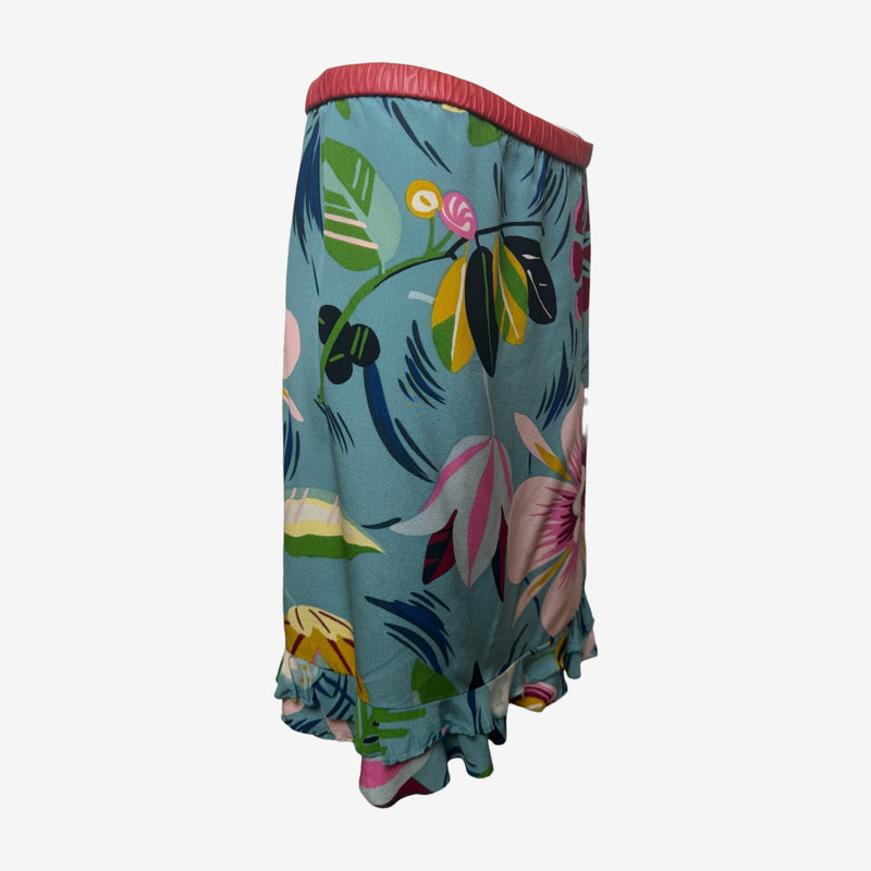 Gucci by Tom Ford S/S 1999 Teal Botanical-Print Double-Frill Hem Skirt