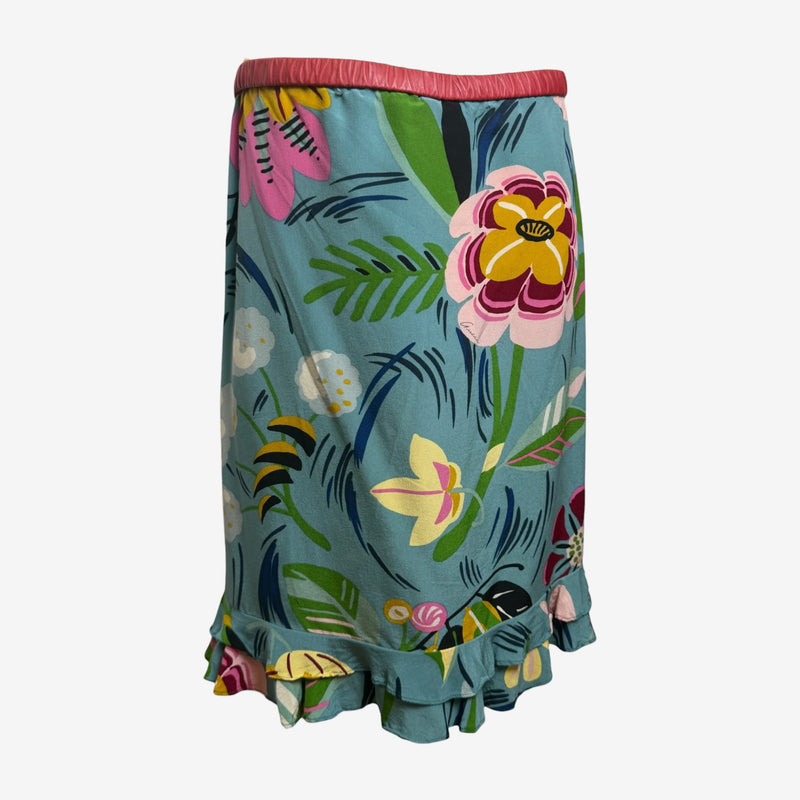 Gucci by Tom Ford S/S 1999 Teal Botanical-Print Double-Frill Hem Skirt