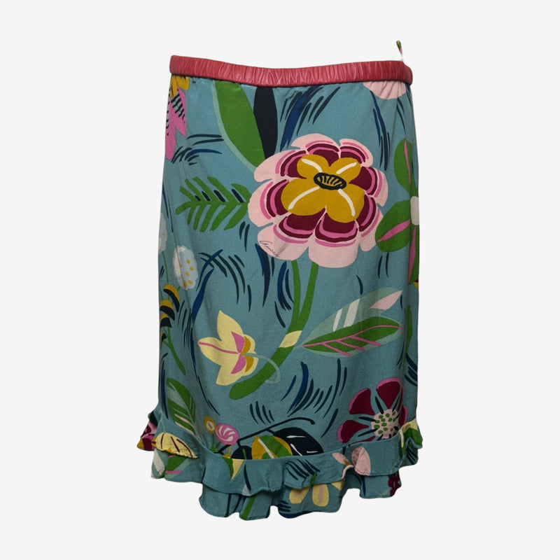 Gucci by Tom Ford S/S 1999 Teal Botanical-Print Double-Frill Hem Skirt
