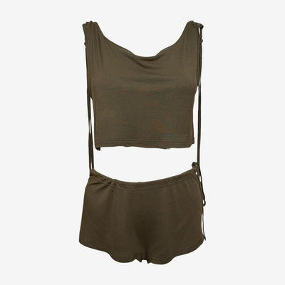 Chloe by Phoebe Philo S/S 2002 Khaki Lobster-Print Cropped Top And Shorts Set