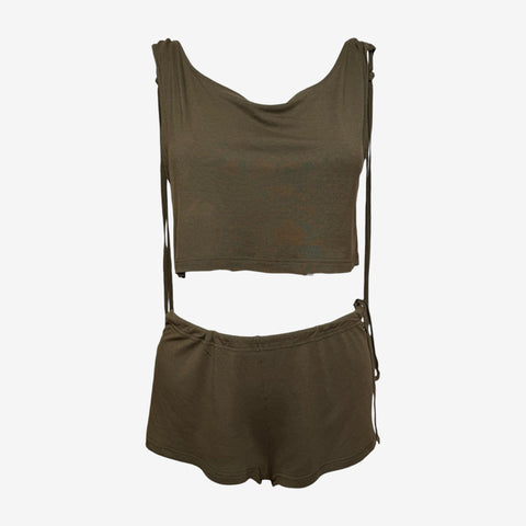 Chloe by Phoebe Philo S/S 2002 Khaki Lobster-Print Cropped Top And Shorts Set
