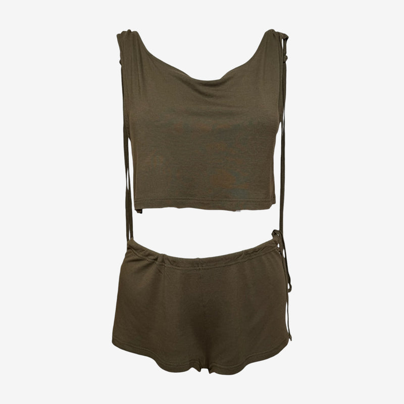 Chloe by Phoebe Philo S/S 2002 Khaki Lobster-Print Cropped Top And Shorts Set