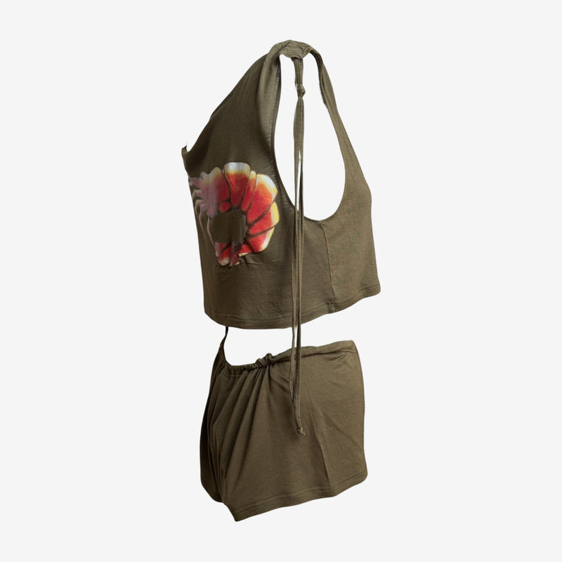 Chloe by Phoebe Philo S/S 2002 Khaki Lobster-Print Cropped Top And Shorts Set