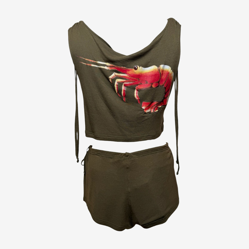 Chloe by Phoebe Philo S/S 2002 Khaki Lobster-Print Cropped Top And Shorts Set