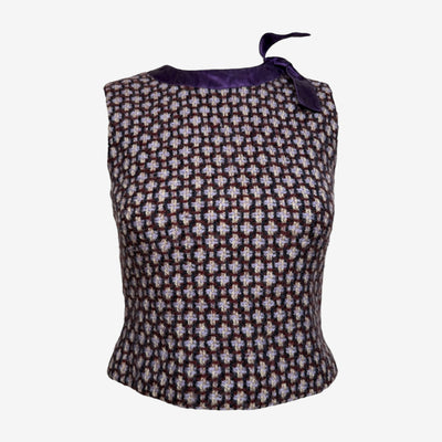Miu Miu F/W 2000 Multi-Toned Boucle Sleeveless Top With Purple Satin Bow