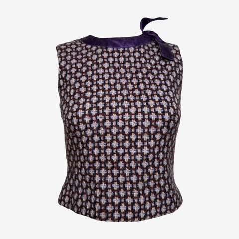 Miu Miu F/W 2000 Multi-Toned Boucle Sleeveless Top With Purple Satin Bow