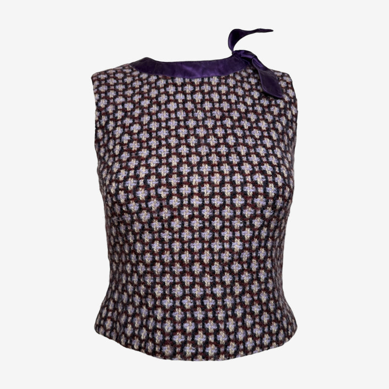 Miu Miu F/W 2000 Multi-Toned Boucle Sleeveless Top With Purple Satin Bow