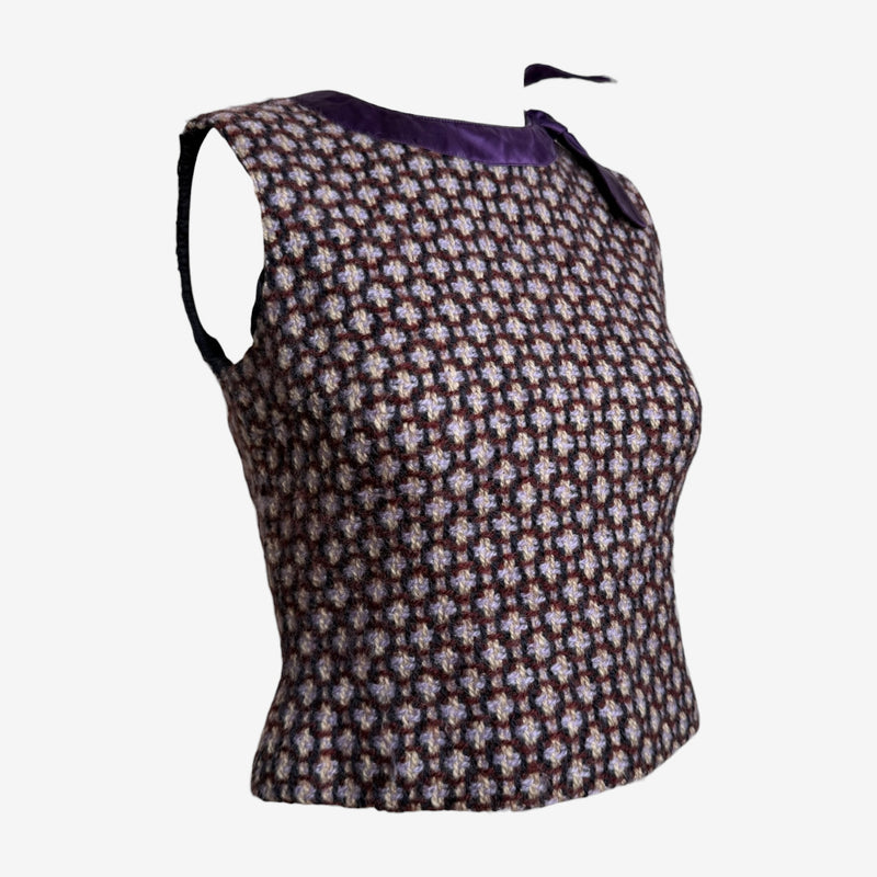 Miu Miu F/W 2000 Multi-Toned Boucle Sleeveless Top With Purple Satin Bow