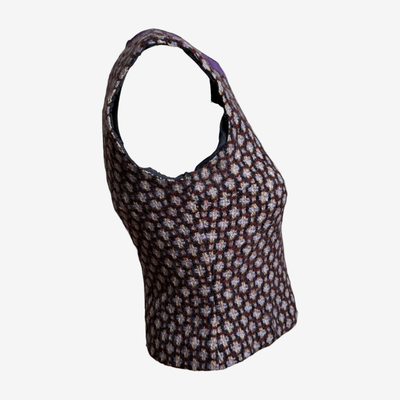 Miu Miu F/W 2000 Multi-Toned Boucle Sleeveless Top With Purple Satin Bow