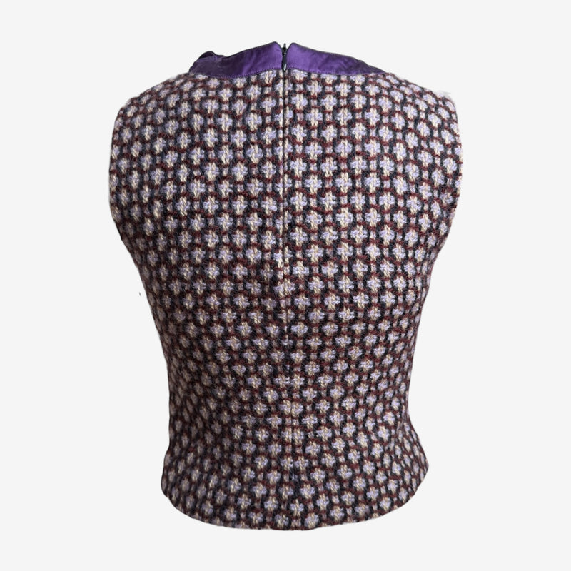 Miu Miu F/W 2000 Multi-Toned Boucle Sleeveless Top With Purple Satin Bow