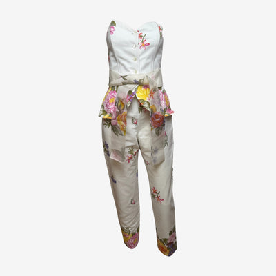 Anna Molinari S/S 1992 Blumarine White Floral-Print Cotton Peplum Bustier And Tapered Trouser Ensemble