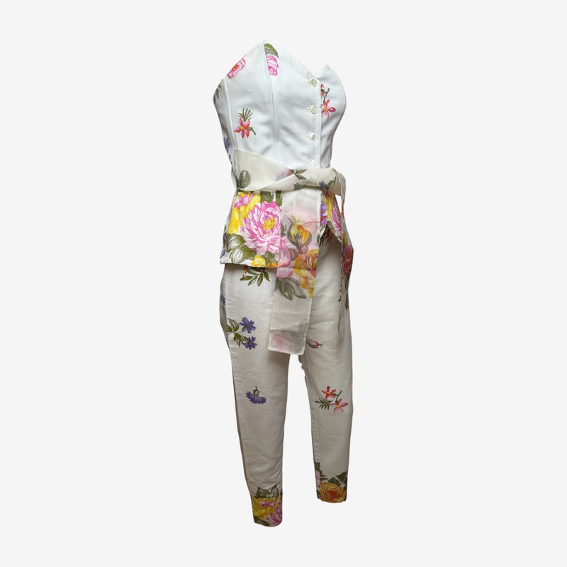 Anna Molinari S/S 1992 Blumarine White Floral-Print Cotton Peplum Bustier And Tapered Trouser Ensemble