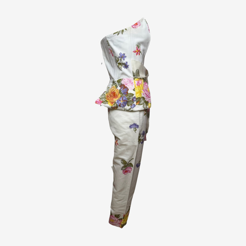 Anna Molinari S/S 1992 Blumarine White Floral-Print Cotton Peplum Bustier And Tapered Trouser Ensemble