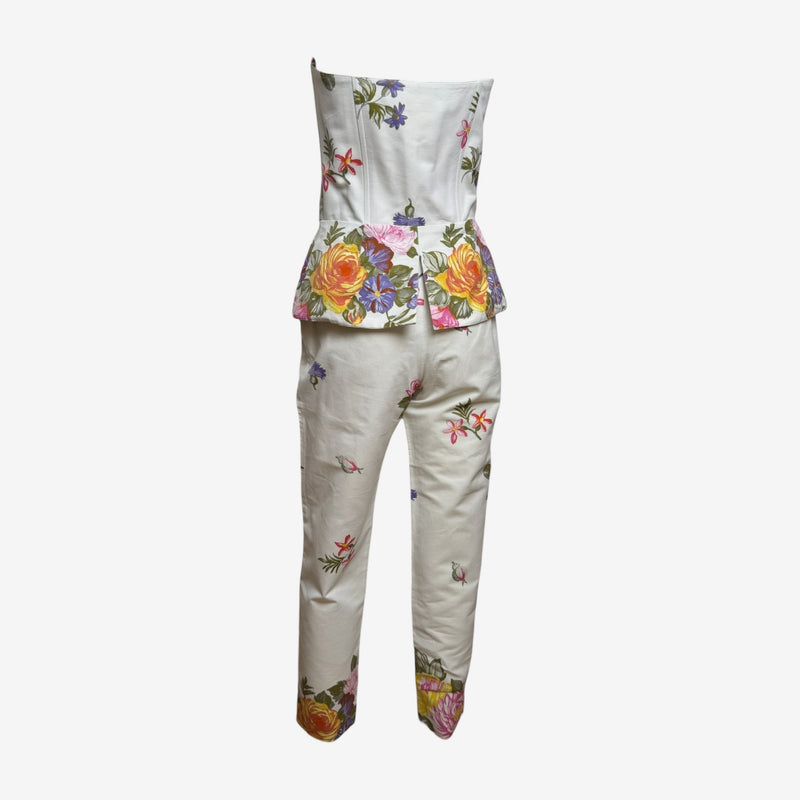 Anna Molinari S/S 1992 Blumarine White Floral-Print Cotton Peplum Bustier And Tapered Trouser Ensemble