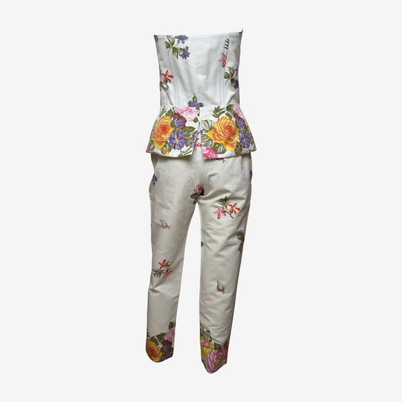 Anna Molinari S/S 1992 Blumarine White Floral-Print Cotton Peplum Bustier And Tapered Trouser Ensemble