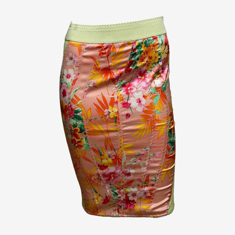 D&G S/S 2005 Peach Tropical Floral Panelled Lace-Insert Pencil Skirt