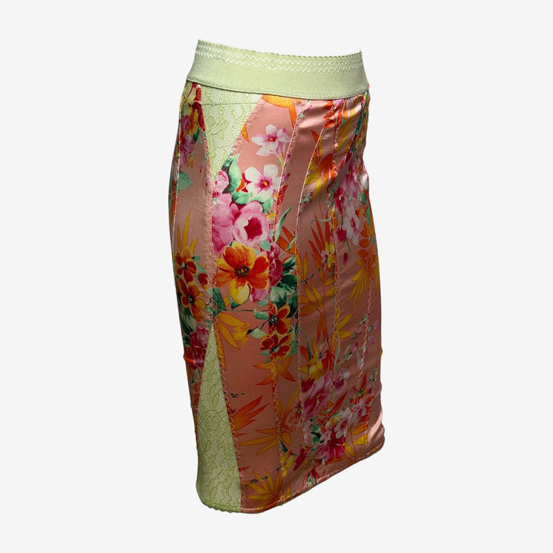 D&G S/S 2005 Peach Tropical Floral Panelled Lace-Insert Pencil Skirt